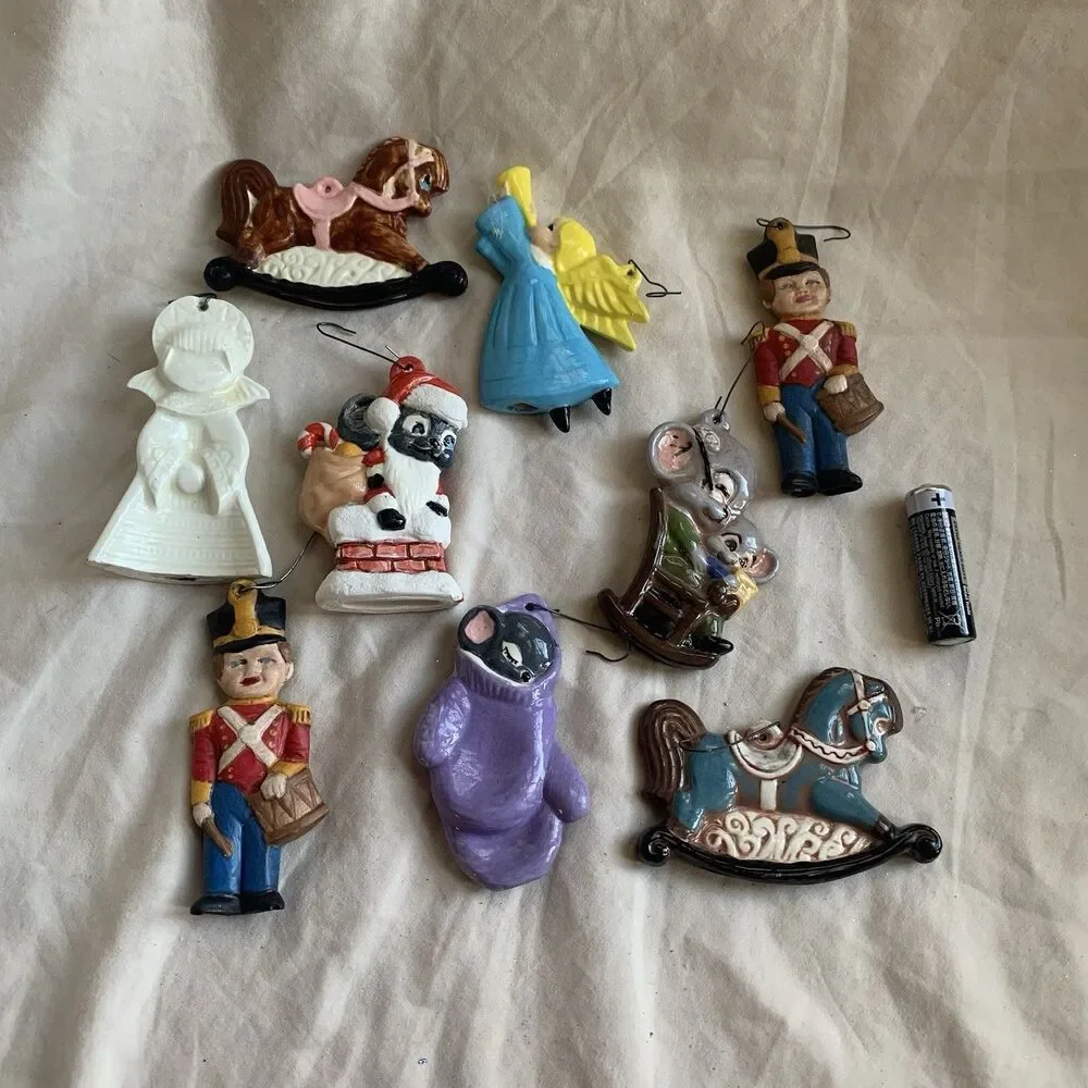 Vintage Lot Ceramic Christmas Ornaments, Horse, Mouse, Nutcracker, 9 Pcs, 3”